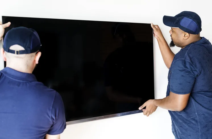 Dois profissionais posicionam uma TV grande na parede durante instalação de suporte de TV.
