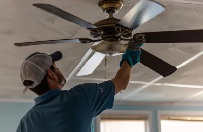 Profissional realiza limpeza de ventilador de teto em ambiente residencial.