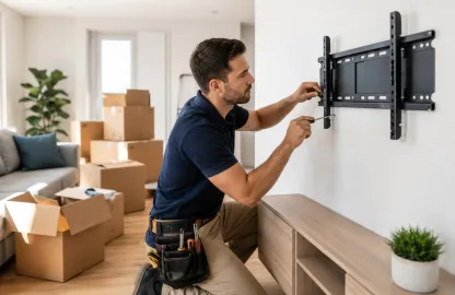 Profissional instalando suporte de TV na parede durante organização de casa nova após mudança.