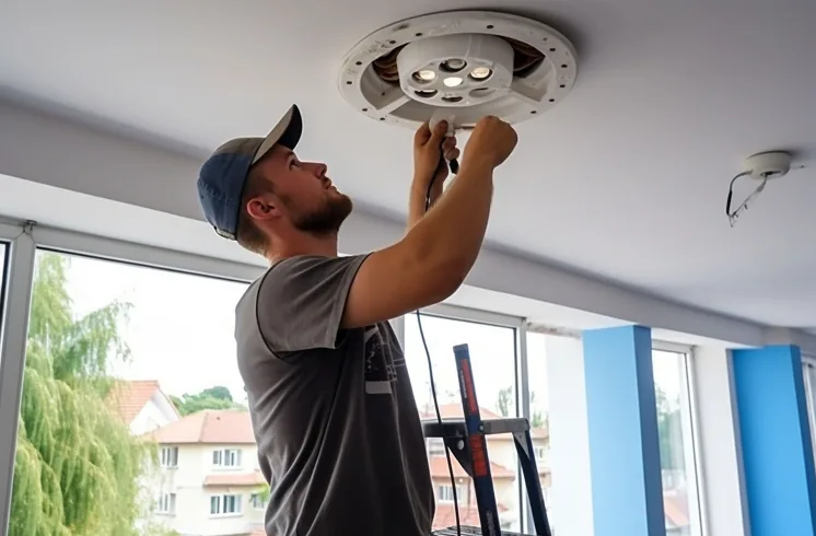 Pequenos reparos domésticos: profissional conserta luminária no teto de um ambiente interno.