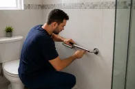 Profissional instalando barra de apoio no banheiro para melhorar a segurança em casa e prevenir acidentes domésticos.
