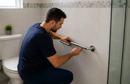 Profissional instalando barra de apoio no banheiro para melhorar a segurança em casa e prevenir acidentes domésticos.