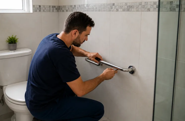Profissional instalando barra de apoio no banheiro para melhorar a segurança em casa e prevenir acidentes domésticos.