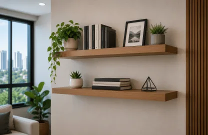 Profissional realizando instalação de prateleira em parede residencial utilizando nível de bolha e ferramentas adequadas para garantir alinhamento e fixação segura.