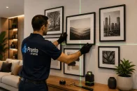 Profissional realizando a instalação de quadros na parede com auxílio de nível a laser e ferramentas de precisão para garantir alinhamento perfeito e fixação segura.