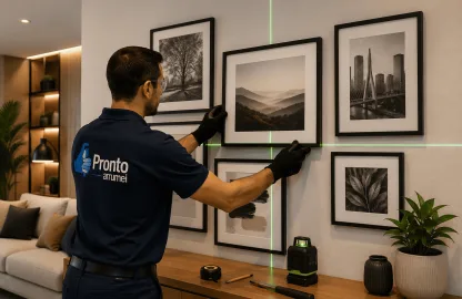 Profissional realizando a instalação de quadros na parede com auxílio de nível a laser e ferramentas de precisão para garantir alinhamento perfeito e fixação segura.