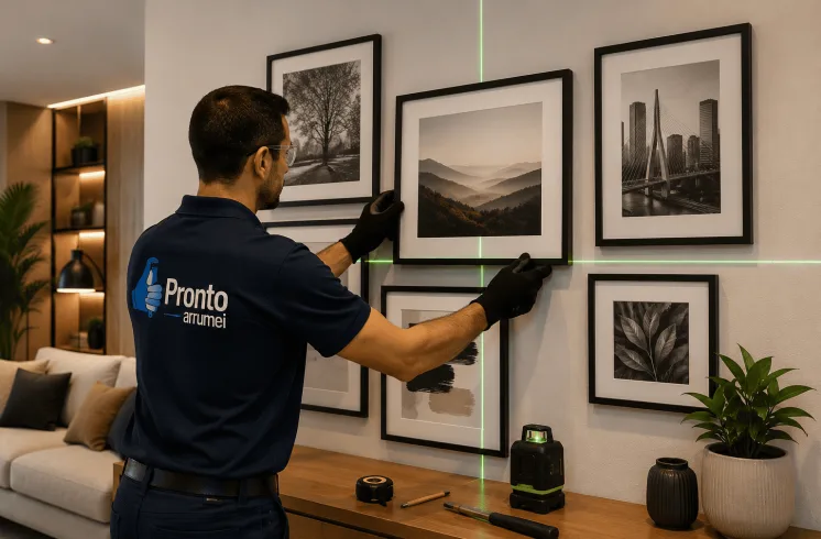 Profissional realizando a instalação de quadros na parede com auxílio de nível a laser e ferramentas de precisão para garantir alinhamento perfeito e fixação segura.