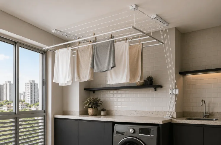 Lavanderia moderna com varal de teto instalado próximo à janela, aproveitando a ventilação natural para secagem eficiente das roupas.