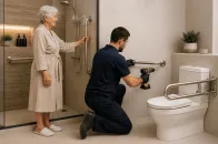 Técnico instalando barra de apoio para idosos em banheiro adaptado enquanto uma idosa acompanha a instalação em ambiente acessível e seguro.