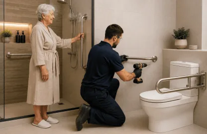 Técnico instalando barra de apoio para idosos em banheiro adaptado enquanto uma idosa acompanha a instalação em ambiente acessível e seguro.