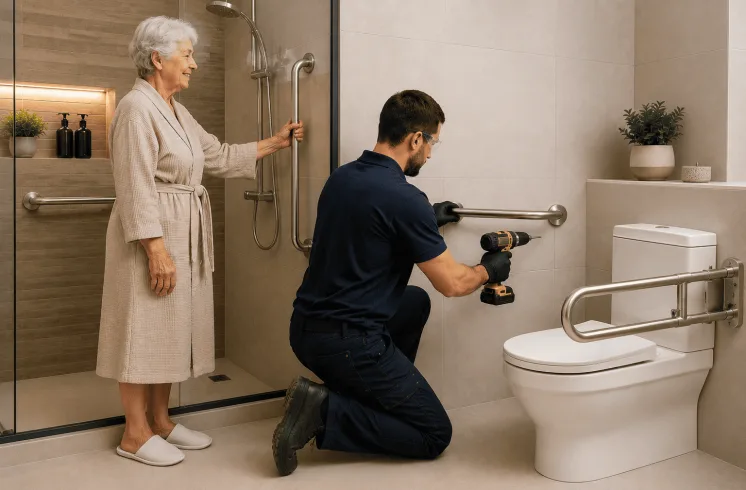 Técnico instalando barra de apoio para idosos em banheiro adaptado enquanto uma idosa acompanha a instalação em ambiente acessível e seguro.