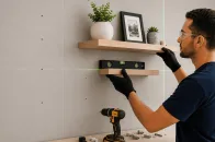 Profissional instalando prateleira em parede de drywall utilizando nível a laser, furadeira e buchas apropriadas para garantir uma fixação segura.