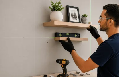 Profissional instalando prateleira em parede de drywall utilizando nível a laser, furadeira e buchas apropriadas para garantir uma fixação segura.