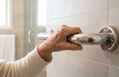 Mão de pessoa idosa segurando barra de apoio em inox fixada na parede de azulejos do banheiro após instalação de barra de apoio para idosos.
