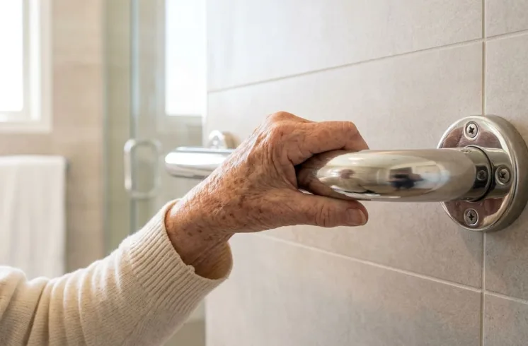 Mão de pessoa idosa segurando barra de apoio em inox fixada na parede de azulejos do banheiro após instalação de barra de apoio para idosos.