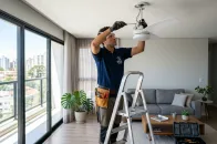 Profissional atuando como marido de aluguel ventilador de teto abc em cima de escada ajustando a haste de fixação de ventilador branco na sala de estar.