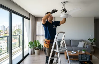 Profissional atuando como marido de aluguel ventilador de teto abc em cima de escada ajustando a haste de fixação de ventilador branco na sala de estar.