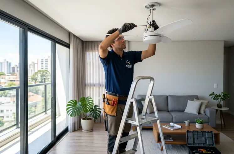 Profissional atuando como marido de aluguel ventilador de teto abc em cima de escada ajustando a haste de fixação de ventilador branco na sala de estar.
