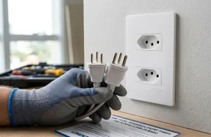 Eletricista comparando plugues de 10A e 20A ao lado de espelho de parede durante serviço de troca de tomadas e interruptores residencial.