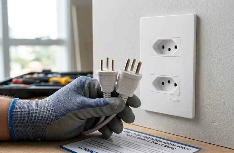 Eletricista comparando plugues de 10A e 20A ao lado de espelho de parede durante serviço de troca de tomadas e interruptores residencial.